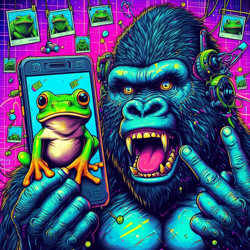 Logo - it is a gorilla looking at frog pictures